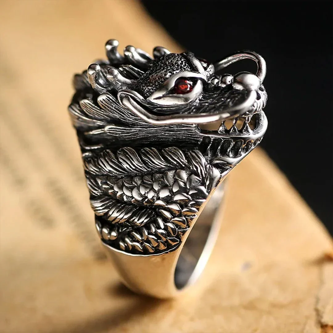 Bague japonaise tĂȘte de dragon en argent
